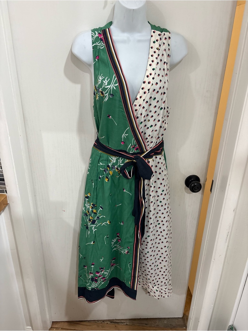 Maeve Anthropologie bohemian Green & Cream Floral Wrap Dress with Polka Dot Pane - Picture 5 of 8